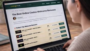 Close-up of a woman viewing online casino welcome bonuses on a laptop screen at home