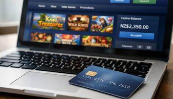 Credit card resting on a laptop showing a New Zealand online casino interface, illustrating the upcoming ban on credit card gambling deposits