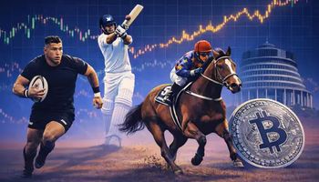 Person holding a smartphone showing prediction market questions about OCR, New Zealand election, and World Cup, with rugby, cricket, horse racing and ballot box in background.