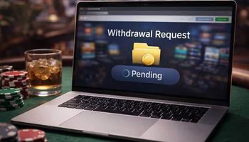 Online casino withdrawal pending displayed on a laptop with casino chips in the background