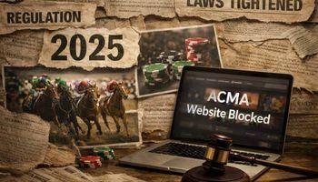 Editorial photo montage showing online gambling regulation Australia and New Zealand 2025, with newspaper headlines, legislation documents, a laptop displaying an online casino interface, and casino chips.