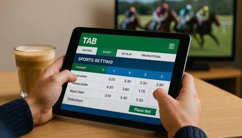 Tabcorp’s TAB online betting platform shown on a tablet, symbolising the company’s strong digital presence as shareholders back CEO Gillon McLachlan’s pay plan.