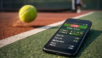 Smartphone displaying live tennis in-play betting interface on a tennis court with a ball landing out of bounds, symbolising illegal online wagering.
