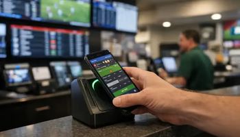 Customer using smartphone to place in-play sports bet at licensed Australian venue terminal