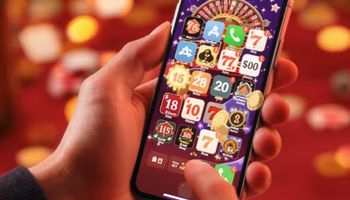 Hand holding a smartphone displaying multiple casino mobile app icons on a glowing background