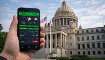 Person holding a smartphone with a generic sports betting interface in front of the Mississippi State Capitol as lawmakers consider mobile betting in 2026