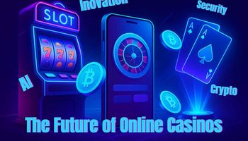 "Future of online casinos 2026 with holographic slot machines, crypto coins, and mobile play illustration"