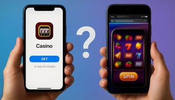 Casino app download screen contrasted with instant play casino game running in a mobile browser.