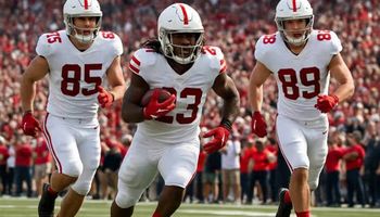 Three college football players in white and red uniforms sprint down the field during a daytime game, with a packed student crowd in the background.