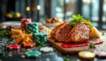 Casino restaurants, image of food, poker chips, and dice