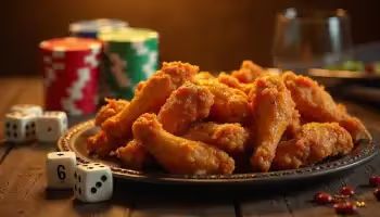 Casino Restaurants, image of chicken wings, chips, and dice on a table