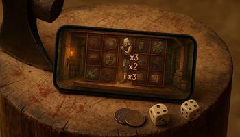 Smartphone with Nolimit City’s Dead Men Walking slot game on a wooden chopping block with dice, coins, and faint blood stains.