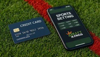 A realistic image of a credit card and smartphone with the DraftKings app on grass near a red sports line, symbolizing a regulatory breach.