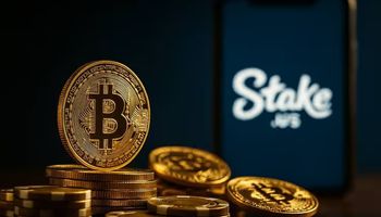 A photo showing Bitcoin coins and casino chips beside a blurred smartphone displaying the Stake.us logo, representing Drake being sued over Stake case and the cost of influencer promotion in online gambling.