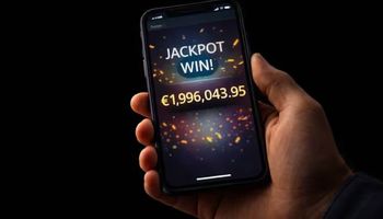 Hand holding a mobile phone showing a nearly €2 million progressive jackpot win