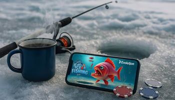 An ice fishing scene featuring a mobile phone showing Evolution Gaming’s Ice Fishing Live game, with casino chips.