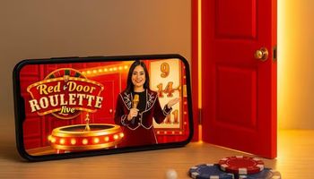 Smartphone showing Evolution Gaming's Red Door Roulette Live, with casino chips and a roulette ball nearby, next to a slightly ajar glowing red door