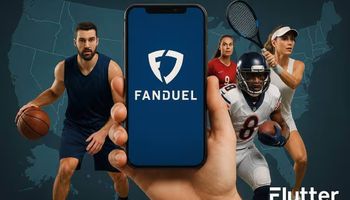 An image illustrating Flutter Entertainment’s Q2 2025 success, featuring a smartphone with the FanDuel app, surrounded by athletes from football, baseball, basketball, and tennis. The U.S. map in the background highlights Flutter’s strong performance in U.S. sports betting and online casino games.