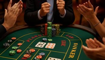A photograph of a baccarat table in a casino with visible chips, cards, and several hands clapping or fist-pumping in celebration around a winning moment.