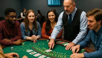 Trainees practice blackjack at a Casino dealer school, with an instructor demonstrating card dealing and chip handling.