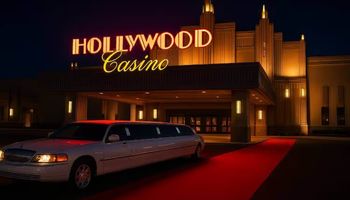 Night view of Hollywood Casino Joliet entrance with art deco lighting, red carpet, and a limousine.