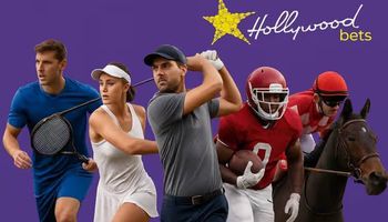Realistic digital composite of five athletes—footballer, tennis player, golfer, American football player, and jockey on horseback, set against a purple background, inspired by a Hollywoodbets promotional theme