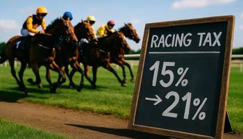 Close-up of a UK horse race with betting odds board showing new 21% tax rate proposal.