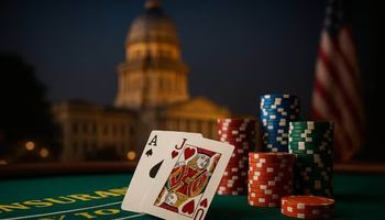 Blackjack table with cards and casino chips in focus, and the Illinois State Capitol dome softly blurred in the background, symbolizing the link between governance and gambling.