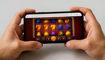 image of a smartphone showing spinning slot reels, instant play casino game on mobile.