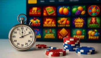 A stopwatch and stacked casino chips in front of a colorful online casino lobby, symbolizing instant play casino no deposit bonus speed and convenience.
