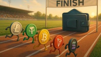 A photo-realistic illustration of Litecoin, Tether, Bitcoin, Tron, and Solana coins racing on a track toward a digital wallet at the finish line, symbolizing instant withdrawal crypto casinos.