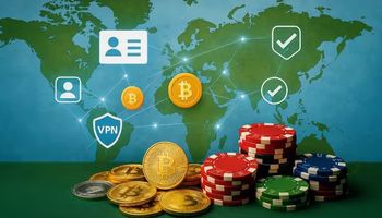 An image showing a world map with VPN shield icons and network lines symbolizing secure global connections. In the foreground, colorful casino chips and cryptocurrency coins represent the link between KYC casino trends, anonymous gambling, and crypto payments.