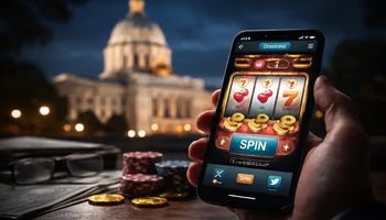 A smartphone showing an online casino game with the Minnesota State Capitol in the background, representing proposed sweepstakes casino regulation.