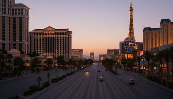 Las Vegas Strip at dusk with fewer tourists and dimmed lights symbolising Nevada’s gaming slowdown.