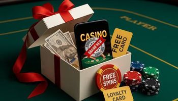 A casino table with casino chips, crisp dollar bills, a loyalty card, and free spins icons, with a smartphone inside representing new casino bonuses in 2025.