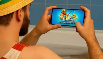 Man in a bathtub wearing a yellow hat with green band and striped costume, playing Yggdrasil's Bob Marlin Goes Splashing.