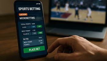 A close-up of a smartphone displaying microbetting options on a sports betting app, with a hand hesitating over the “Place Bet” button and a blurred basketball game on a TV in the background