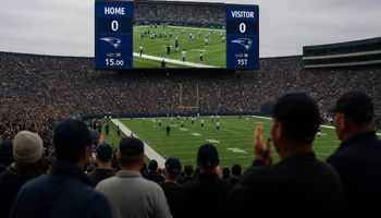 A packed NFL stadium with fans in the foreground watching a large scoreboard display pregame warmups on the field.
