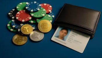 Casino chips and cryptocurrency coins scattered on a blue table beside a closed wallet hiding an ID card, symbolizing a no KYC casino no deposit bonus.