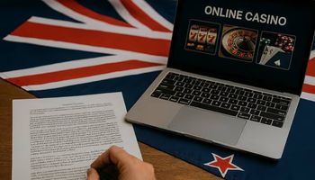 A New Zealand flag draped over a wooden desk with a printed government document, a hand holding a pen, and a laptop displaying an online casino.