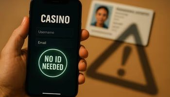 An image of a smartphone showing a casino login screen with a glowing “No ID Needed” badge, while a blurred ID card and warning triangle appear in the background, symbolizing the possible risks of no KYC casinos.