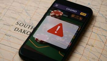 A smartphone displaying an online casino warning screen, lying on a printed map of South Dakota.