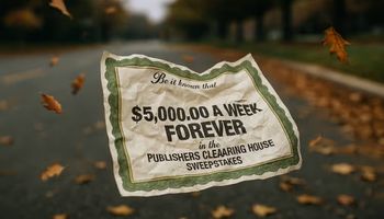 Crumpled Publishers Clearing House $5,000 a week forever prize certificate caught mid-air in a gust of wind with autumn leaves swirling on a suburban street