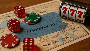 A realistic landscape image showing a map of Pennsylvania with casino dice and a slot game.
