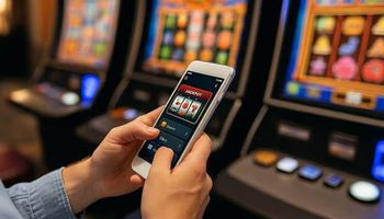 Image of a person using a casino mobile app inside a casino