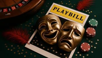 Comedy and tragedy theatre masks overlapping on a Playbill with casino chips, a roulette wheel, and a red feather, blending Broadway and Las Vegas themes.