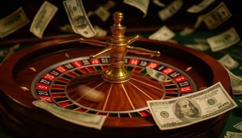 A blurred roulette wheel spins rapidly as U.S. dollar bills fly through the air in a casino setting, capturing the chaos of a game malfunction.