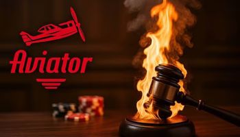 A flaming judge’s gavel beside a smartphone with a red airplane graphic, symbolizing SPRIBE’s legal dispute over its Aviator crash game.