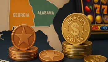 Sweeps Coins and Gold Coins placed on a map showing Georgia and Alabama, symbolizing sweepstakes casino access.