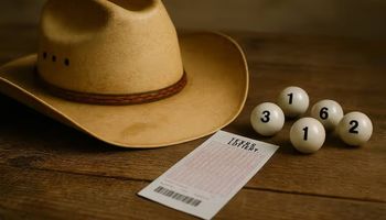 A photo of a Texas Lottery ticket on a rustic wooden surface, with a tan cowboy hat and lottery balls.